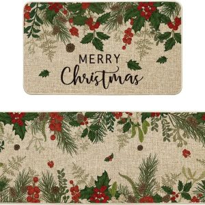 Artoid Mode Leaves Holly Merry Christmas Kitchen Mats Set of 2, Winter Home Decor Low-Profile Kitchen Rugs for Floor - 17x29 and 17x47 Inch