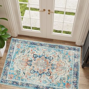 Entryway Rug - 2'x3' Boho Soft Low Pile Washable Area Rug, Non-Slip Small Rugs Indoor for Front Door Entrance Kitchen Bathroom, Vintage Carpet Stain Resistance (Multi, 2x3ft)