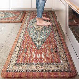 Collive Boho Kitchen Mats for Floor, Kitchen Mats Cushioned Anti Fatigue Waterproof Kitchen Rugs Sets of 2 Non-Skid Comfort Standing Mat for Kitchen, Office, Sink, Laundry, 20"x32"+20"x48"(Red)