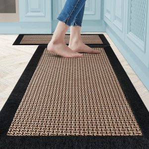 Kitchen Mats, Set of 2 Twill Rugs, Non Skid Washable Kitchen Floor Mats for in Front of Sink, Heavy Duty Standing Mat, 20'x32' + 20'x48', Black